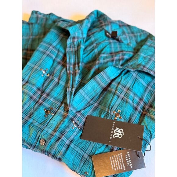 NWT Rock & Republic Womens Crinkled green  Plaid Shirt With Studded Details Butt - Picture 7 of 8